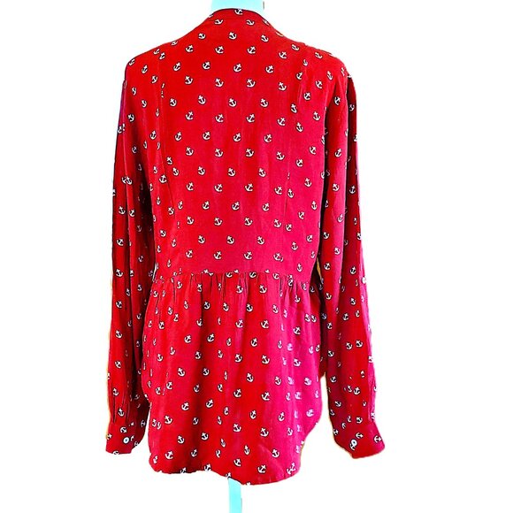 Maeve Red Anchor Print Long Sleeve Button Up Blouse Top Women's Sz 10 Pintucking - Picture 2 of 8